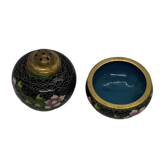Vintage Set Chinese Black Cloisonné Salt Cellar Pepper Shaker Flowers Design - Picture 9 of 16